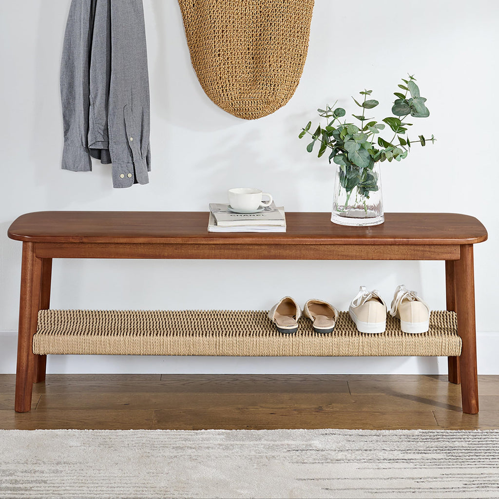 Calais Solid Wood Entryway Bench with Woven Storage Shelf, Chestnut, 48"