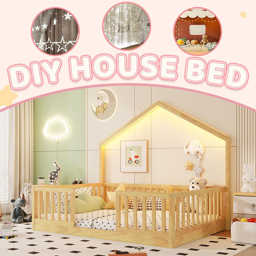 Montessori House Floor Bed with High Rails and LED Light, Natural