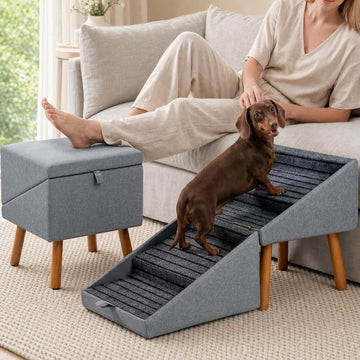 2-in-1 Wooden Pet Stairs & Ottoman 17" H Foldable Dog Ramp with Solid Wood Frame & Tech Cloth Surface Pet Footstool