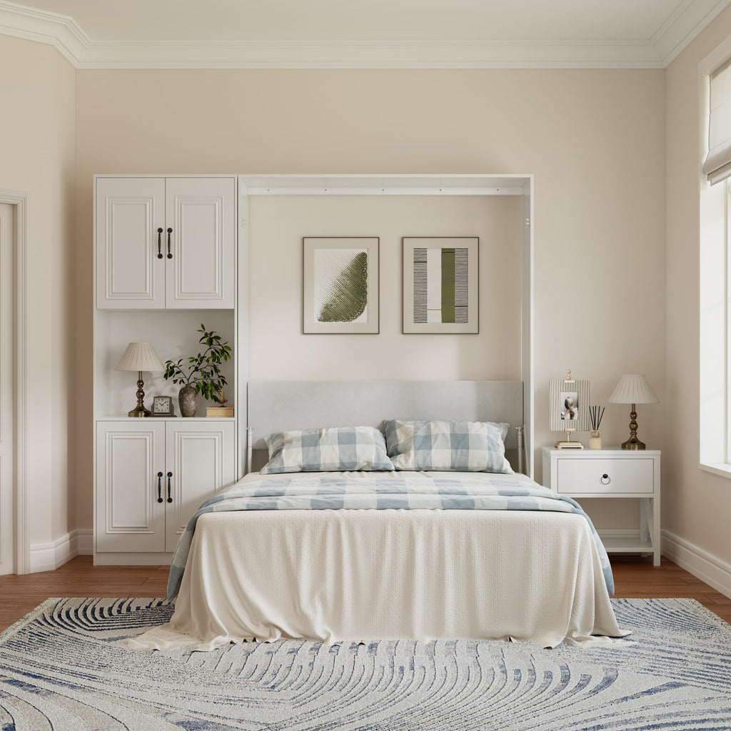 Vintage Murphy Bed Queen with 1 Cabinet, 85" Hidden Wall Bed, Vertical Murphy Bed Twin, Features a Hydraulic Rod/Padded