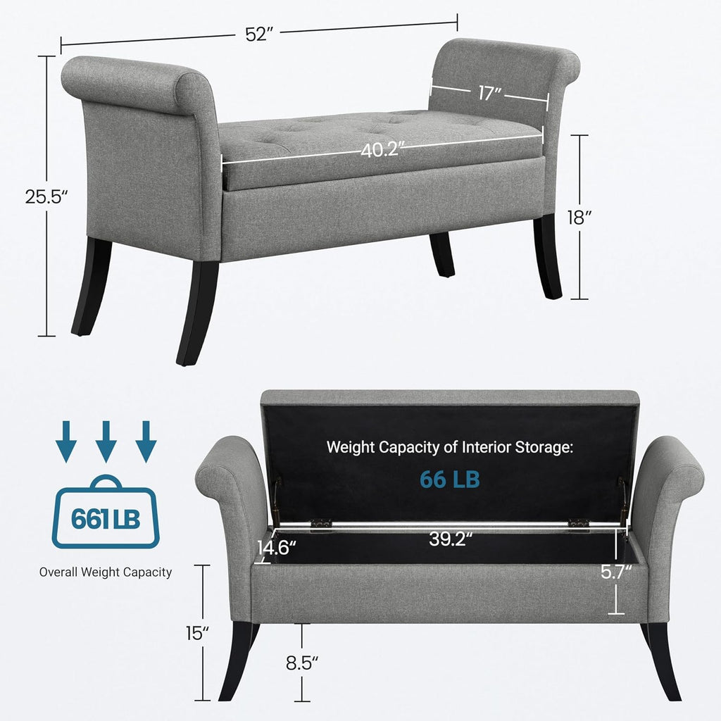 52in Rolled Arm Storage Ottoman Bench , Light Gray | Button-Tufted Bench Seat with 1.9C Storage Space, Rolled Arms