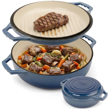 2-in-1 Enameled Cast Iron Braiser Pan with Grill Lid - 3.3-Quart Small Dutch Oven, Serves as Both Casserole &