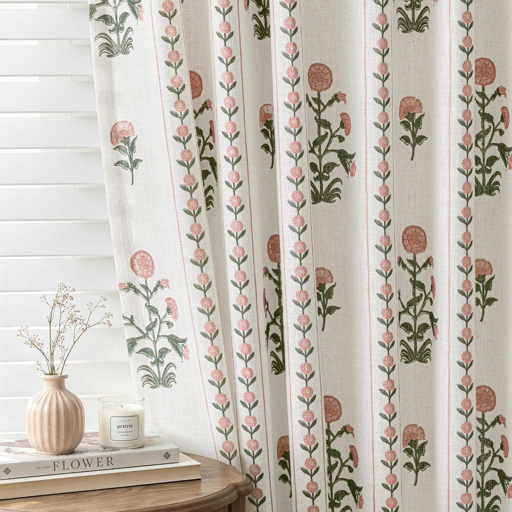 Floral Pinch Pleated Linen Curtains for Living Room Bedroom Dining Room Farmhouse, Light Filtering Memory Trained