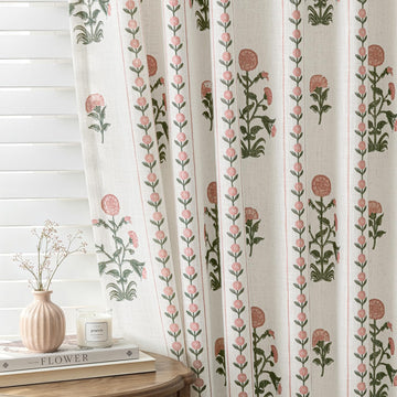Floral Pinch Pleated Linen Curtains for Living Room Bedroom Dining Room Farmhouse, Light Filtering Memory Trained