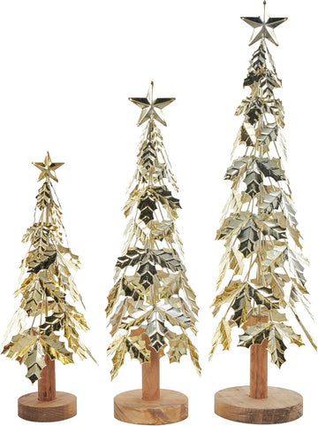 Metal Tree Decorative Sculpture Holiday Layered Holly Leaf Christmas Home Decor Statues with Wooden Base and Star