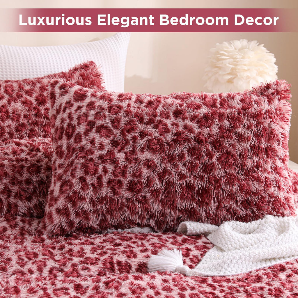 Cheetah Print Fluffy Faux Fur Comforter Set, 3 Pieces, Pink