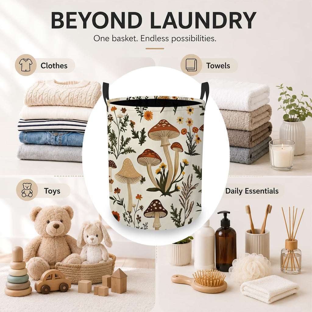 Mushroom Flower Laundry Basket, Foldable Oxford Cloth Botanical Garden Laundry Hamper with Handles, Tote Bag Clothes