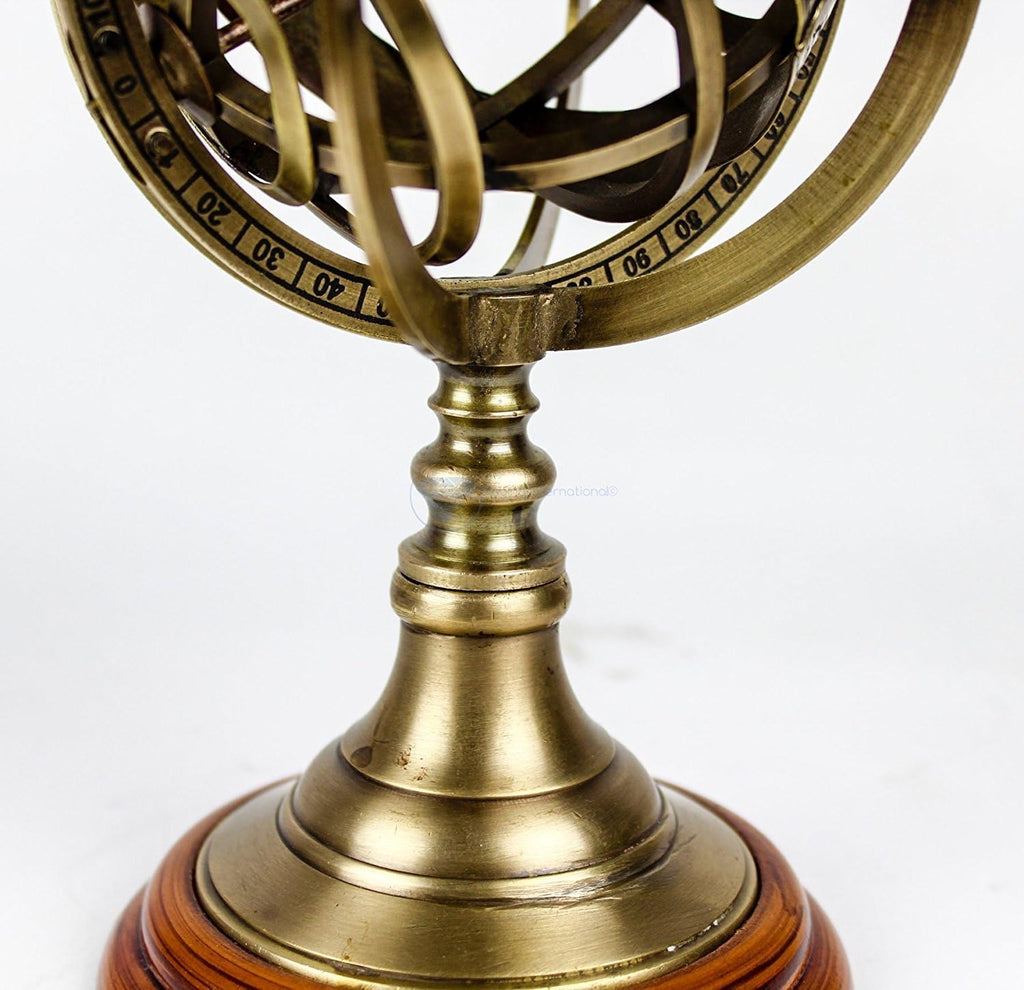 Antique Vintage Zodiac Armillary Brass Sphere Globe Wooden Display | Pirate's Antique Ship Decor | (Medium, Antique