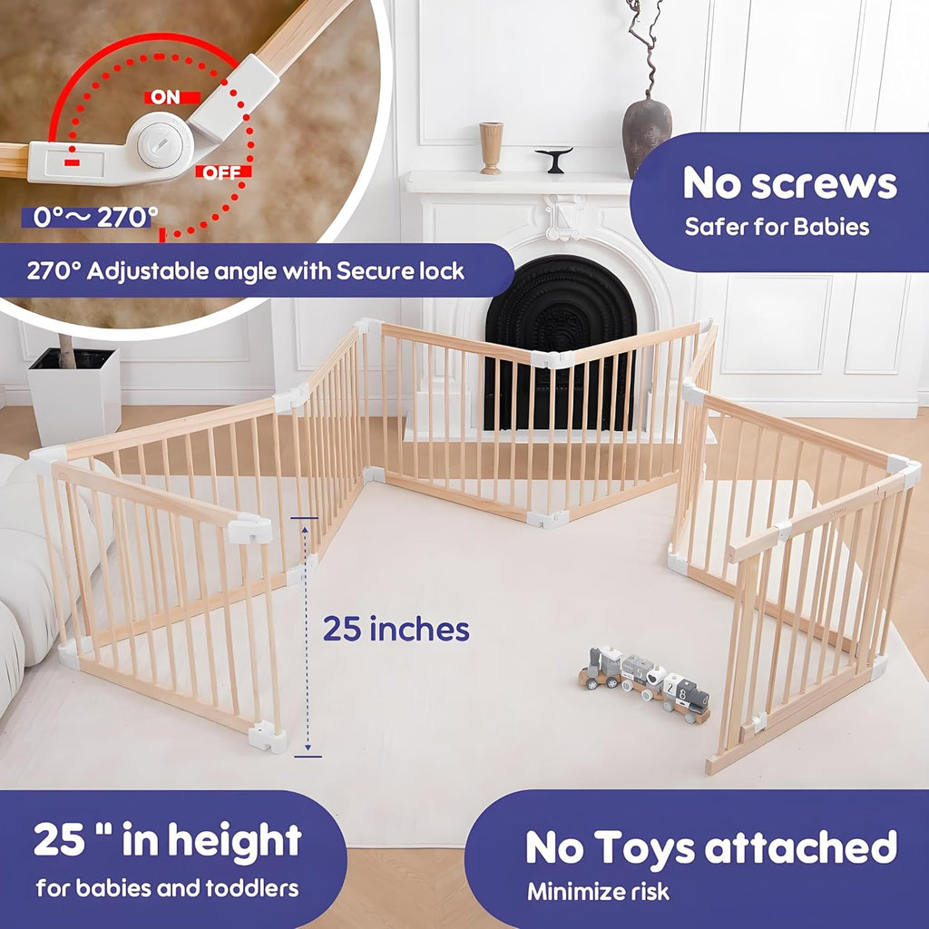 Foldable Wooden Playpen Baby Gate for Babies 3-18 Months-5.3x5.3 ft | 25" Tall Wood Playard Double-Locking for