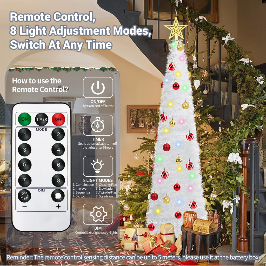 5 Ft Prelit Tinsel Pop Up with 8 Light Adjustment Modes 50 Remote Color Lights Battery Operated, Pencil Artificial