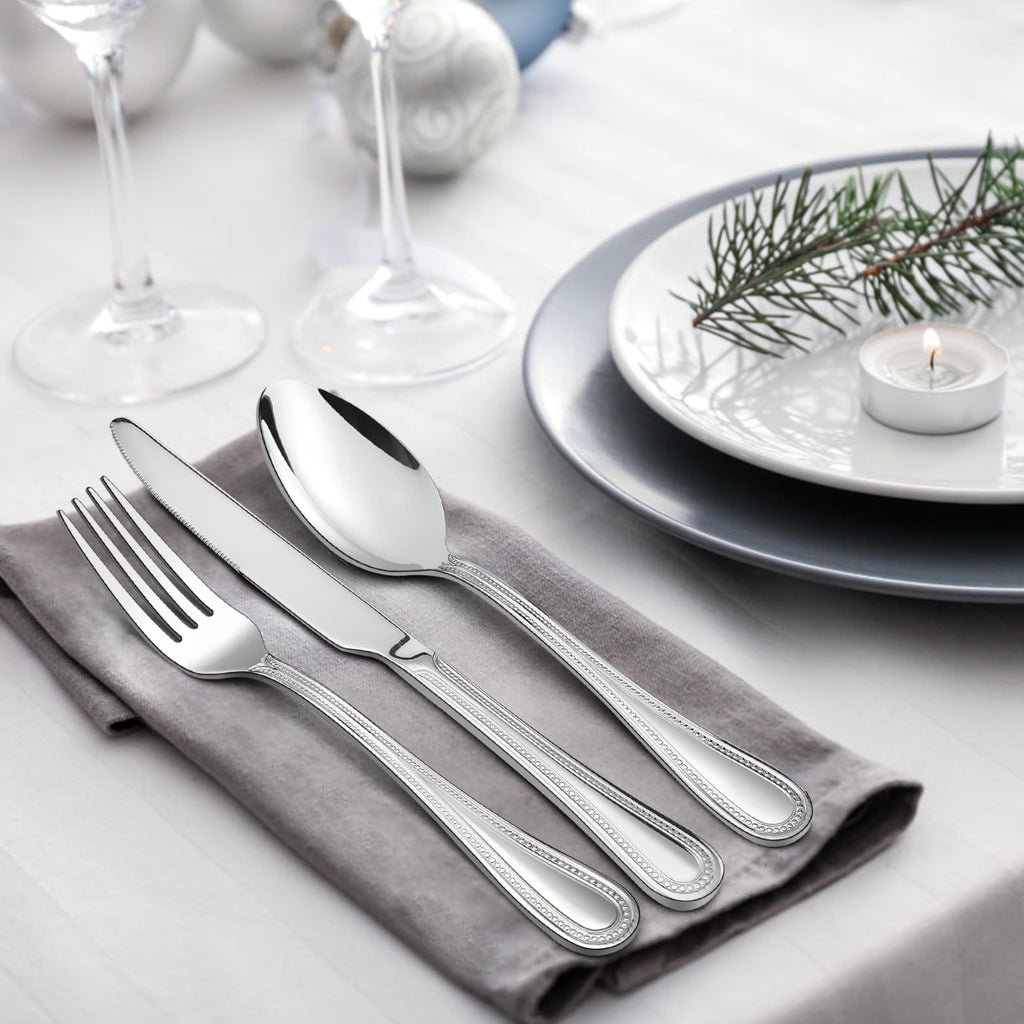 Silverware Set, 60-Piece Pearled Edge Stainless Steel Flatware for 12, Beading Tableware Cutlery Utensil, Mirror
