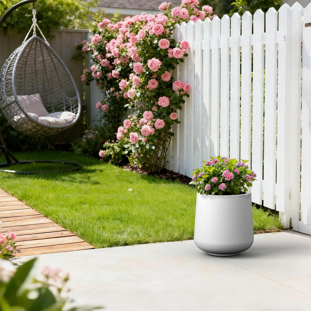 Accent Round Curved White Concrete Planter 13" Dia, Outdoor