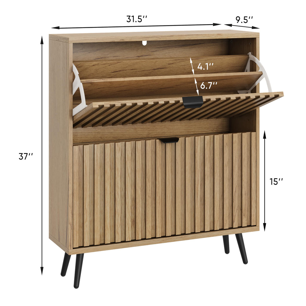 Shoe Cabinet with 2 Flip Drawers, 31.5" Natural Hidden Shoe Storage Cabinet with Fluted Design, Freestanding Shoe