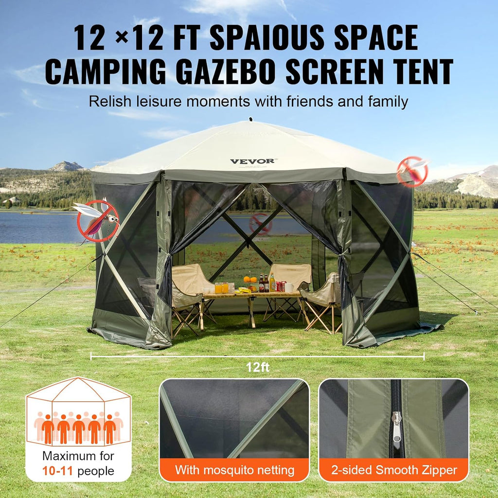 12x12ft Pop Up Gazebo Tent with Mosquito Netting, 6 Removable Wind Panels & 2 Mesh Windows