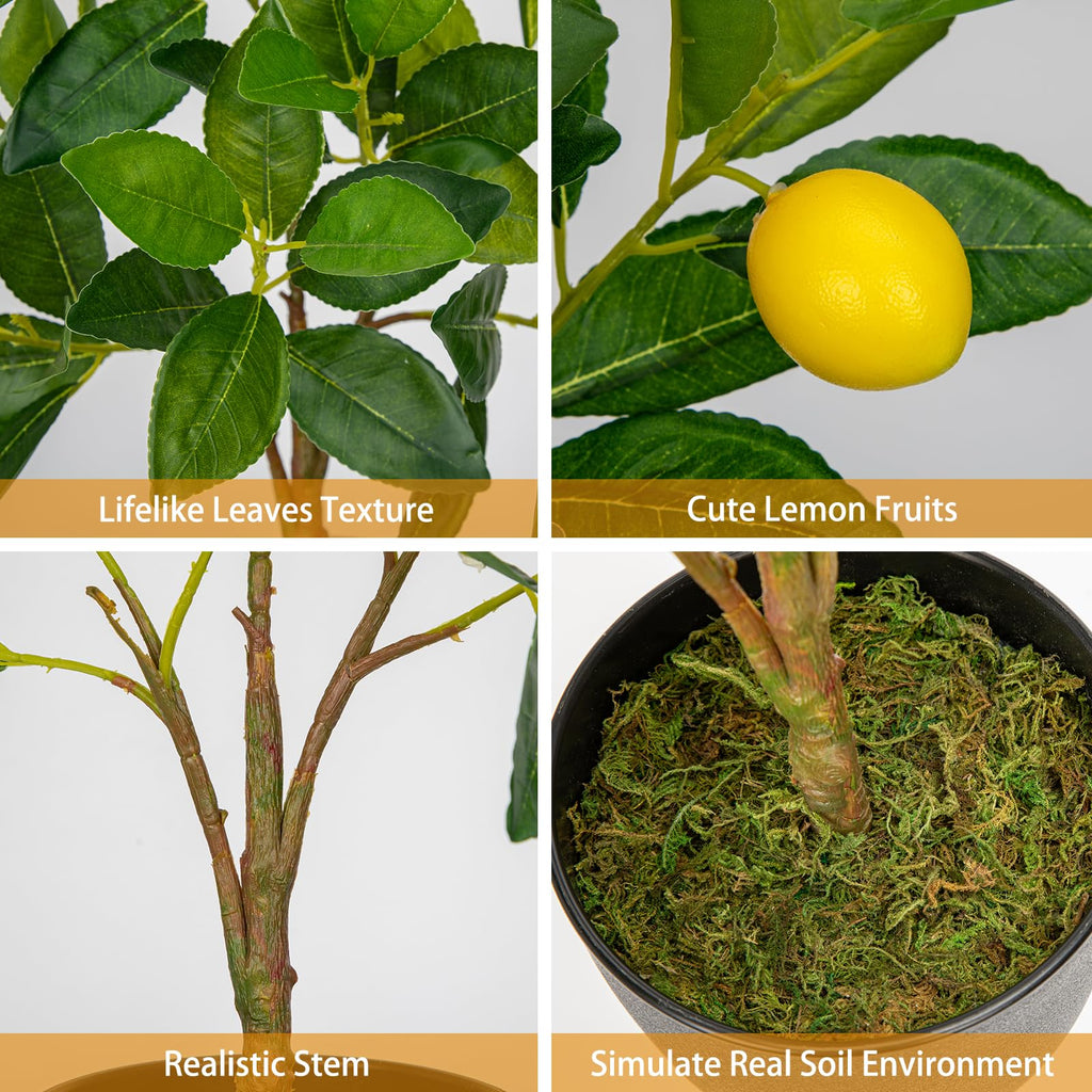 2Ft Artificial Lemon Trees, 2 Packs Large Artificial Plants Indoor with Black Pots Faux Potted Citrus Trees Fake