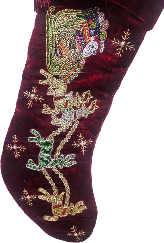 Handmade Red Velvet Christmas Stocking 21"x7" - Beaded Santa & Reindeer Design Luxury Embroidered Holiday Stocking