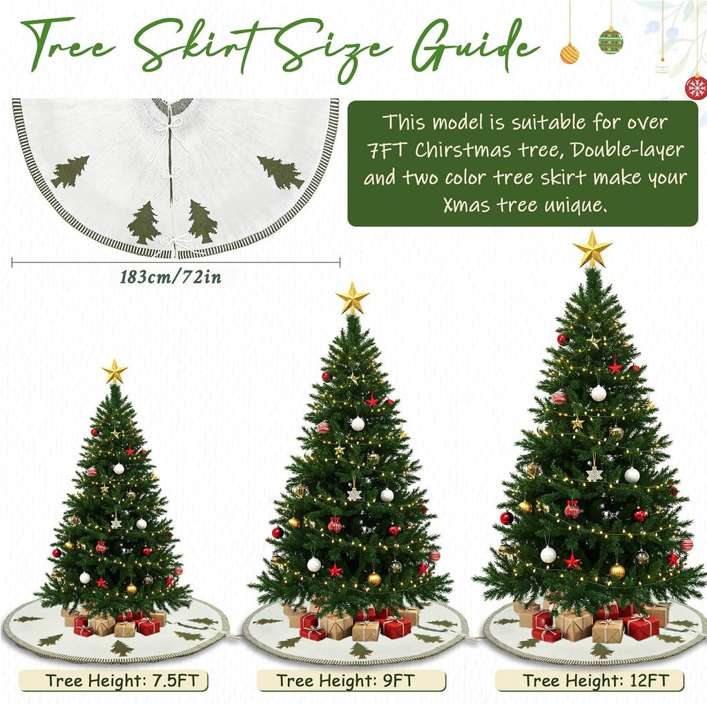72 Inch Christmas Tree Skirt, Double-Sided Green and White Knit Tree Skirt with Xmas Tree Patterns Large Tree Skirt