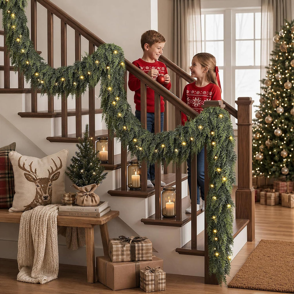 18FT Pre-Lit Cedar Christmas Garland with Lights, Real Touch Mantel Decor