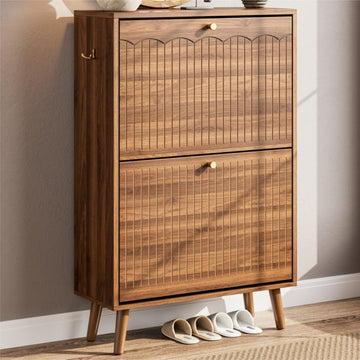 Shoe Storage Cabinet, 9.5inch Slim Shoe Rack with 2 Flip Drawers, Mid-Century Modern Walnut Shoe Cabinet Storage