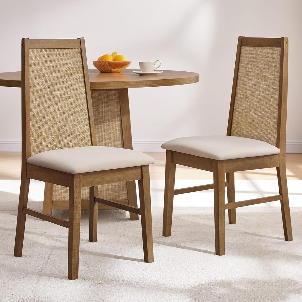Wood Dining Chairs Set of 2, Farmhouse Rattan Dining Room Chairs with Solid Wood Legs and Upholstered High Back for Kitchen or Dining Room, Oak