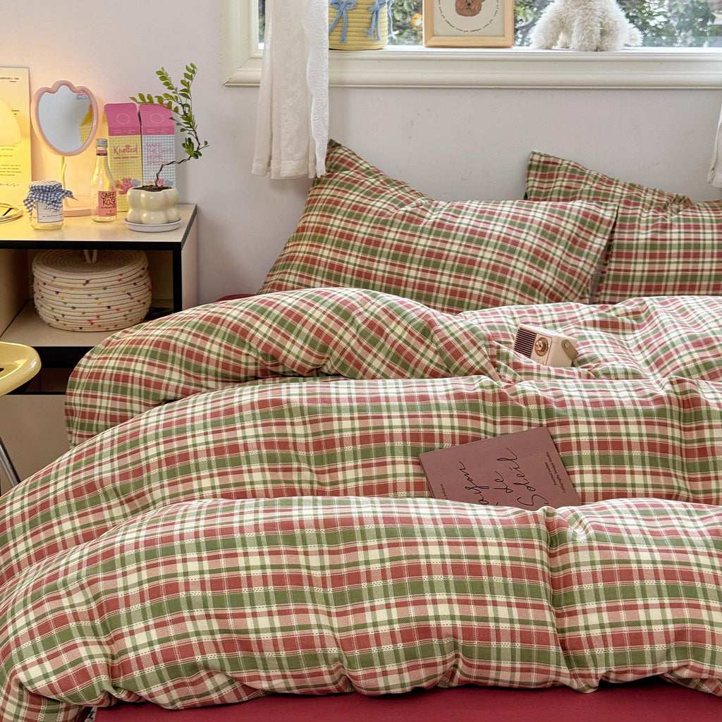 Red Green Plaid Duvet Cover -80"x90", Double Gauze Cotton