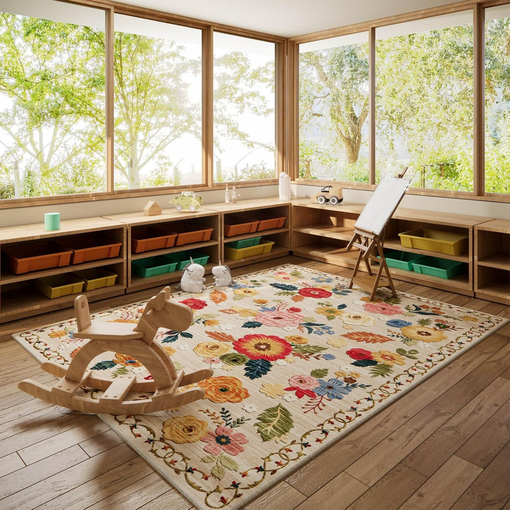 5x7 Area Rugs for Living Room: Machine Washable Rug for Bedroom Non Slip Low Pile Soft Faux Wool Non Shedding