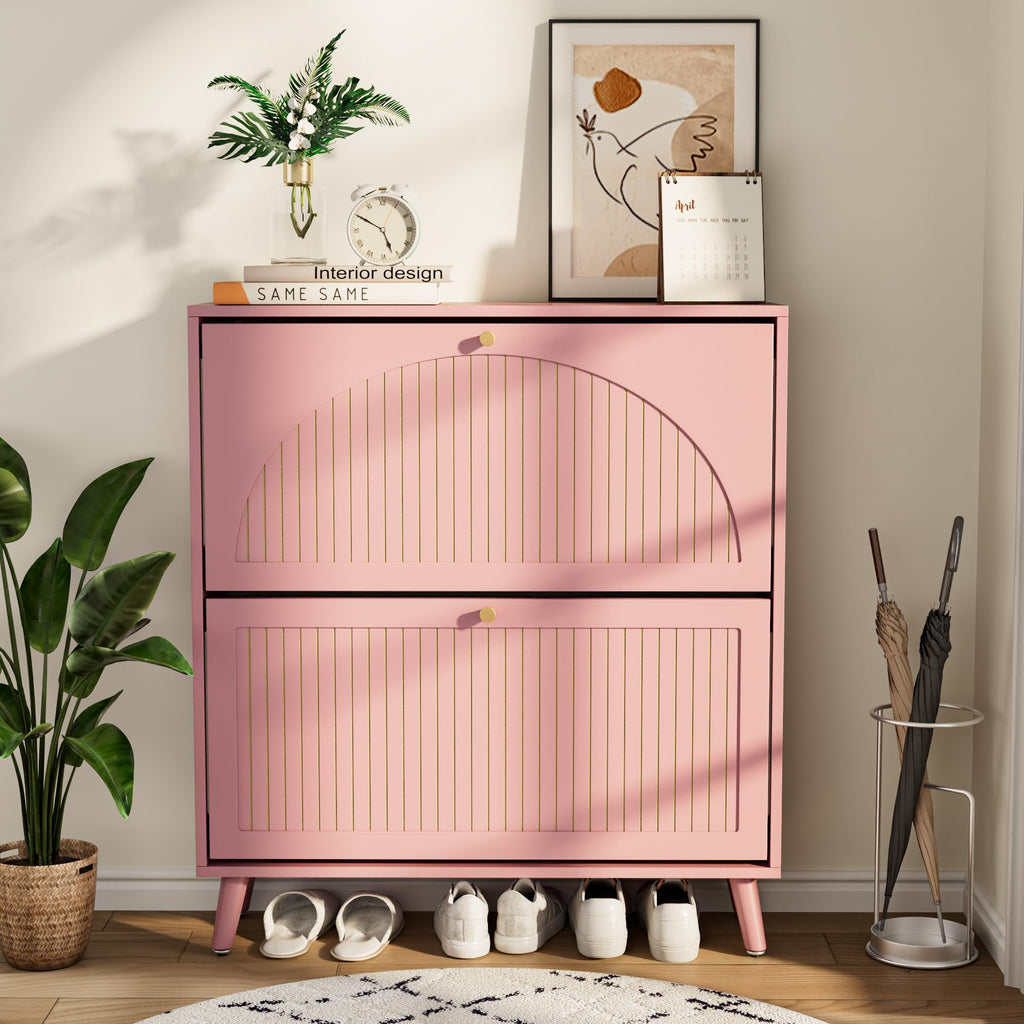 Shoe Storage Cabinet with 2 Fluted Flip Drawers, Pink