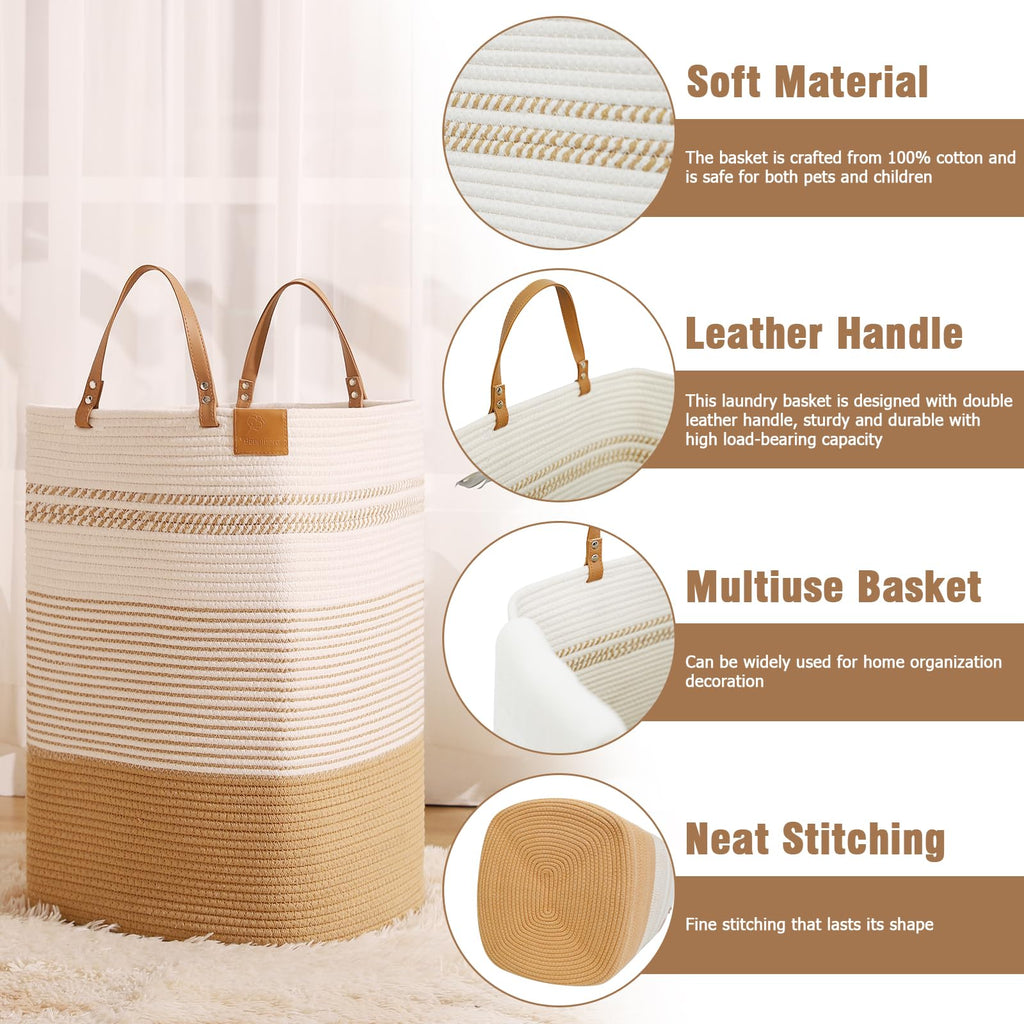 Large Laundry Hamper - 75L Tall Woven Cotton Storage Basket with Leather Handles, Slim Dirty Clothes Hamper