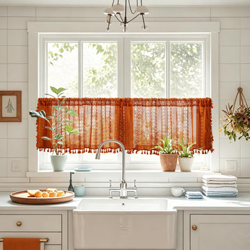 Terracotta Boho Short Curtains Window Curtains Over Sink, Burnt Orange Crochet Privacy Farmhouse Lace Sheer Vintage