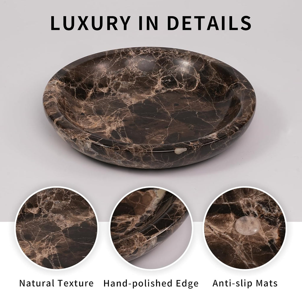 Brown Marble Jewelry Tray - Stone Trinket Ring Key Purse Holder Dish, Small Cute Round Plate Decorative Bowl for
