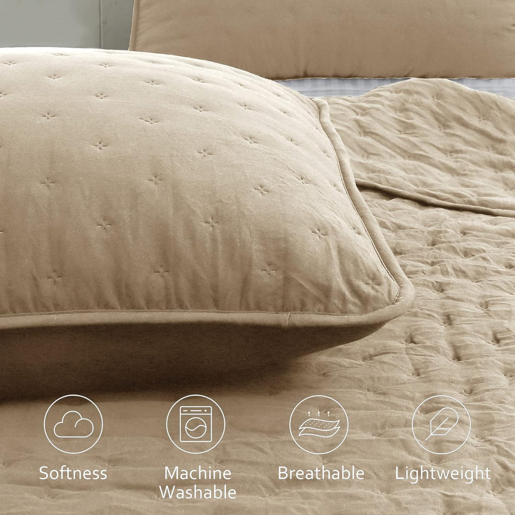 Cloud Oversized King Quilt Sets with Pillow Shams, Beige California Cal King Lightweight Soft Coverlet Bedspread, Tan