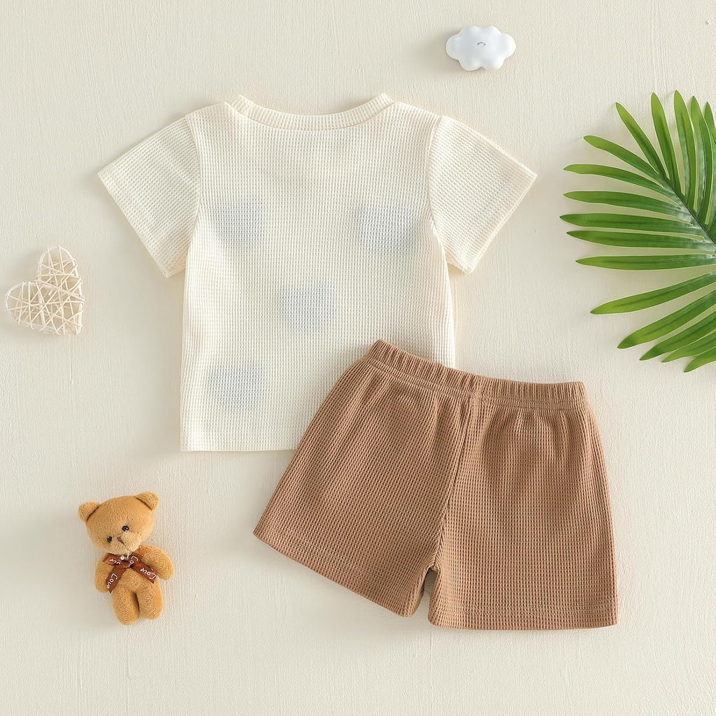 Baby Boy Summer Clothes Bear Embroidery Crew Neck Waffle Short Sleeve Tops Shorts Set 2pcs Toddler Boy Outfits