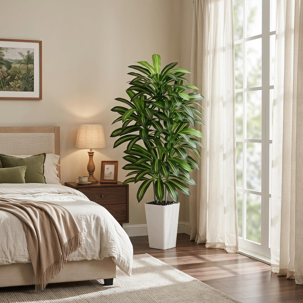 Artificial Dracaena Tree 6FT / White Planter, Tall Plants Indoor