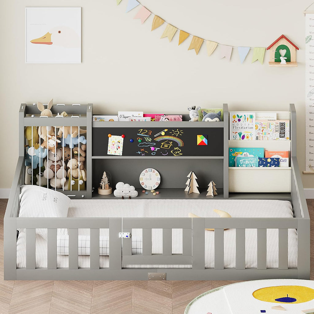 Montessori Wood Toddler Floor Bed with Blackboard & Bookshelf (Gray )