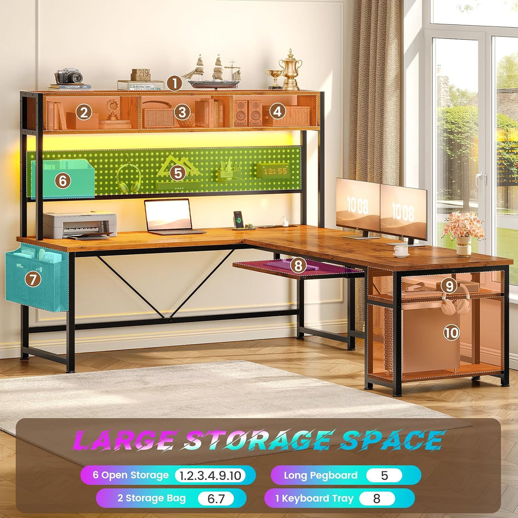 L Shaped Computer Desk, Reversible Corner Desk with Power Outlet | Gaming Desk with Pegboard, Led Lights, Keyboard