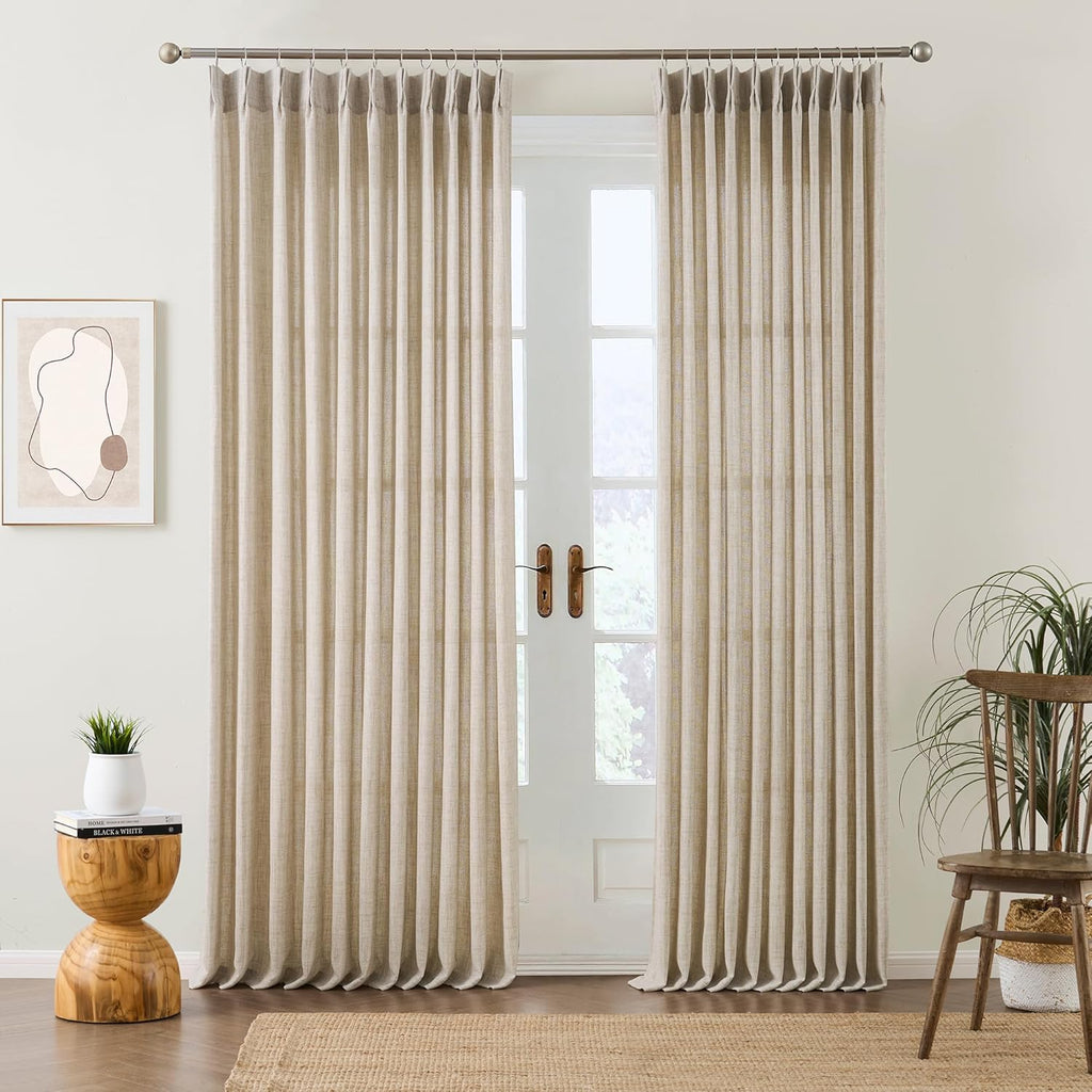 Beige Sheer Pinch Pleated Curtains 96 Inches Long 2 Panels,Back Tab Pleated Drapes Hooks Thick Linen Textured Boho