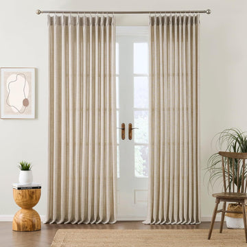 Beige Sheer Pinch Pleated Curtains 96 Inches Long 2 Panels,Back Tab Pleated Drapes Hooks Thick Linen Textured Boho