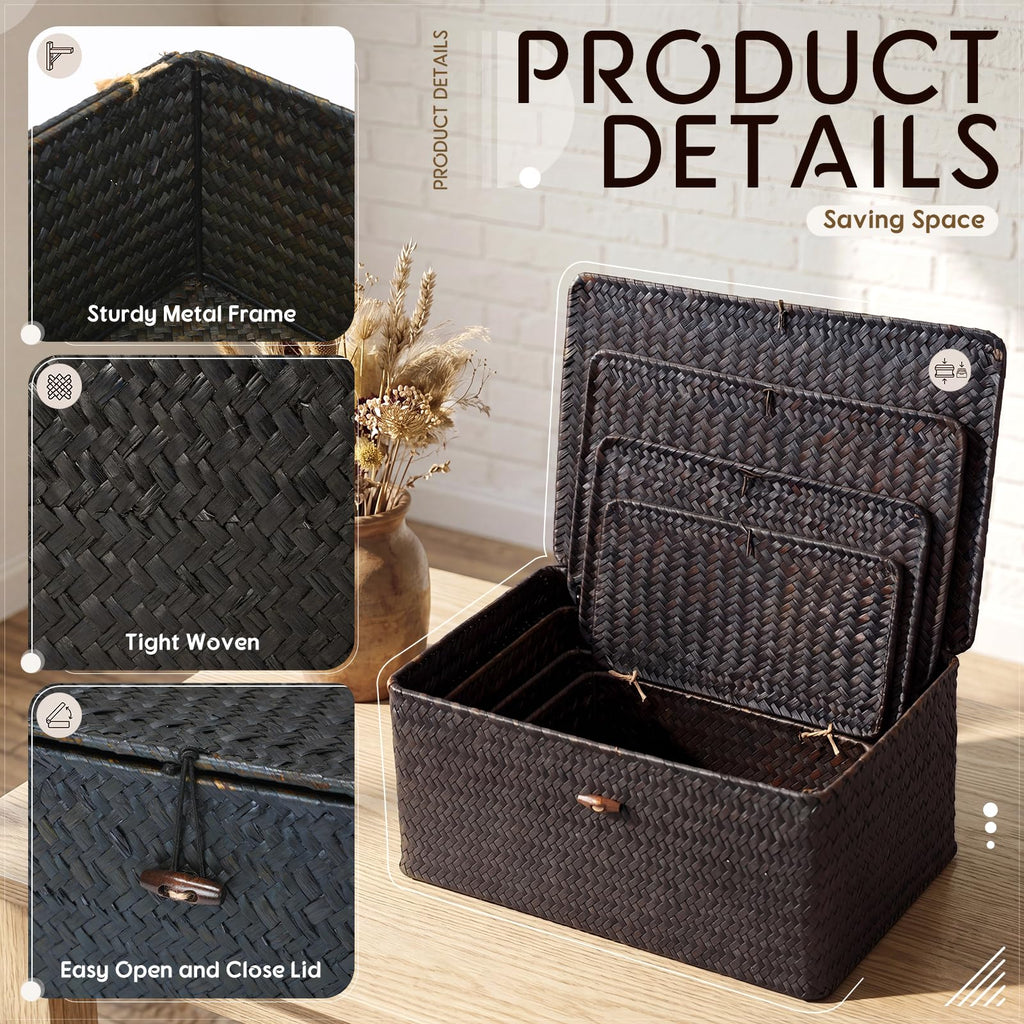 4 Pcs Wicker Basket with Lids, Black, 13 x 9 x 6 Inch