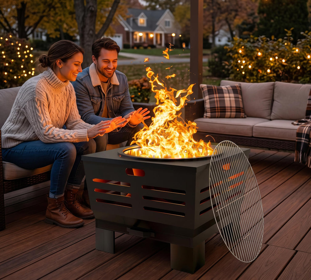 24" Heavy Duty Fire Pit with BBQ Grill, Ash Pan Drawer & Poker