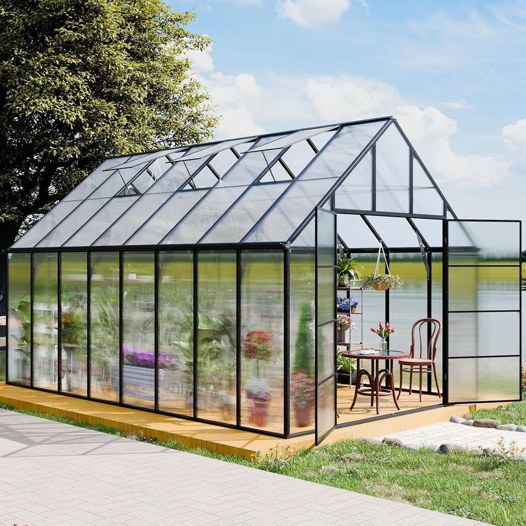 10x16 FT Polycarbonate Greenhouse for Outdoors Large Walk-in Green House | Heavy Duty Aluminum Frame Greenhouses with