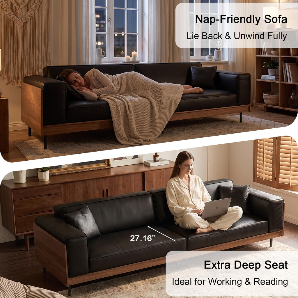 106.29" Black Leather 4-Seater Mid-Century Modern Sofa