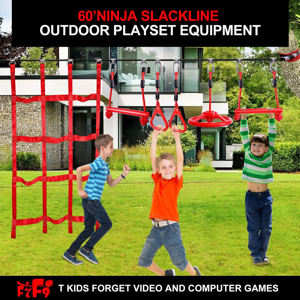 60FT Ninja Warrior Obstacle Course for Kids - Slackine Playset with Monkey Bars, 364lbs Capacity, Adjustable Height