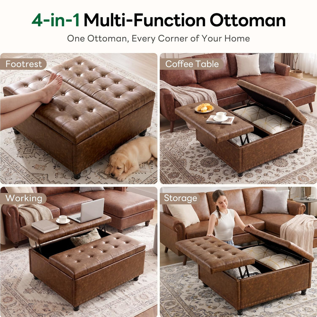 35.5 Inch Large Square Ottoman with Storage, Lift Top, Brown