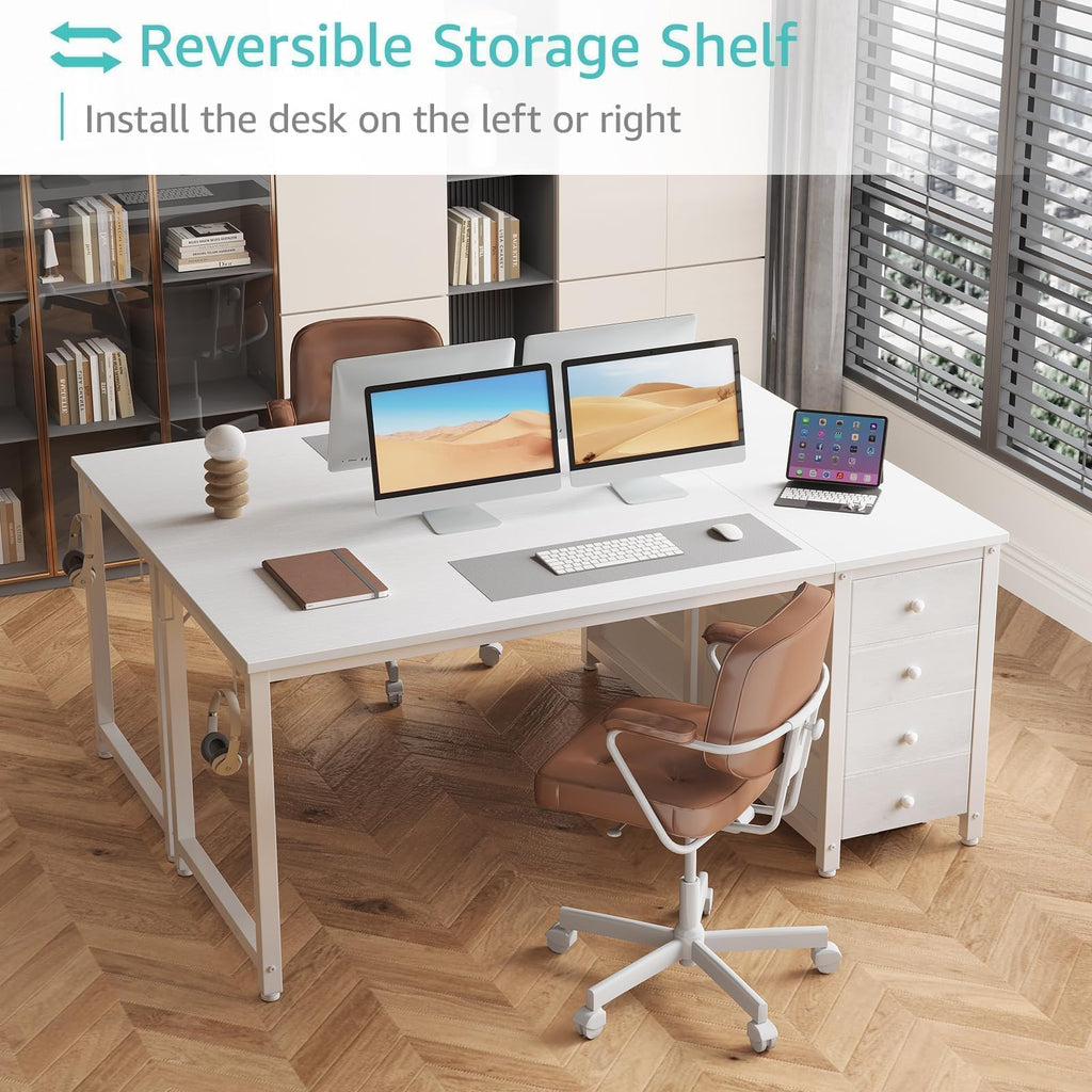 White Computer Desk with Drawers - 55 Inch Long Study Work Writing Desk Bedroom, Reversible Simple Modern Cute PC
