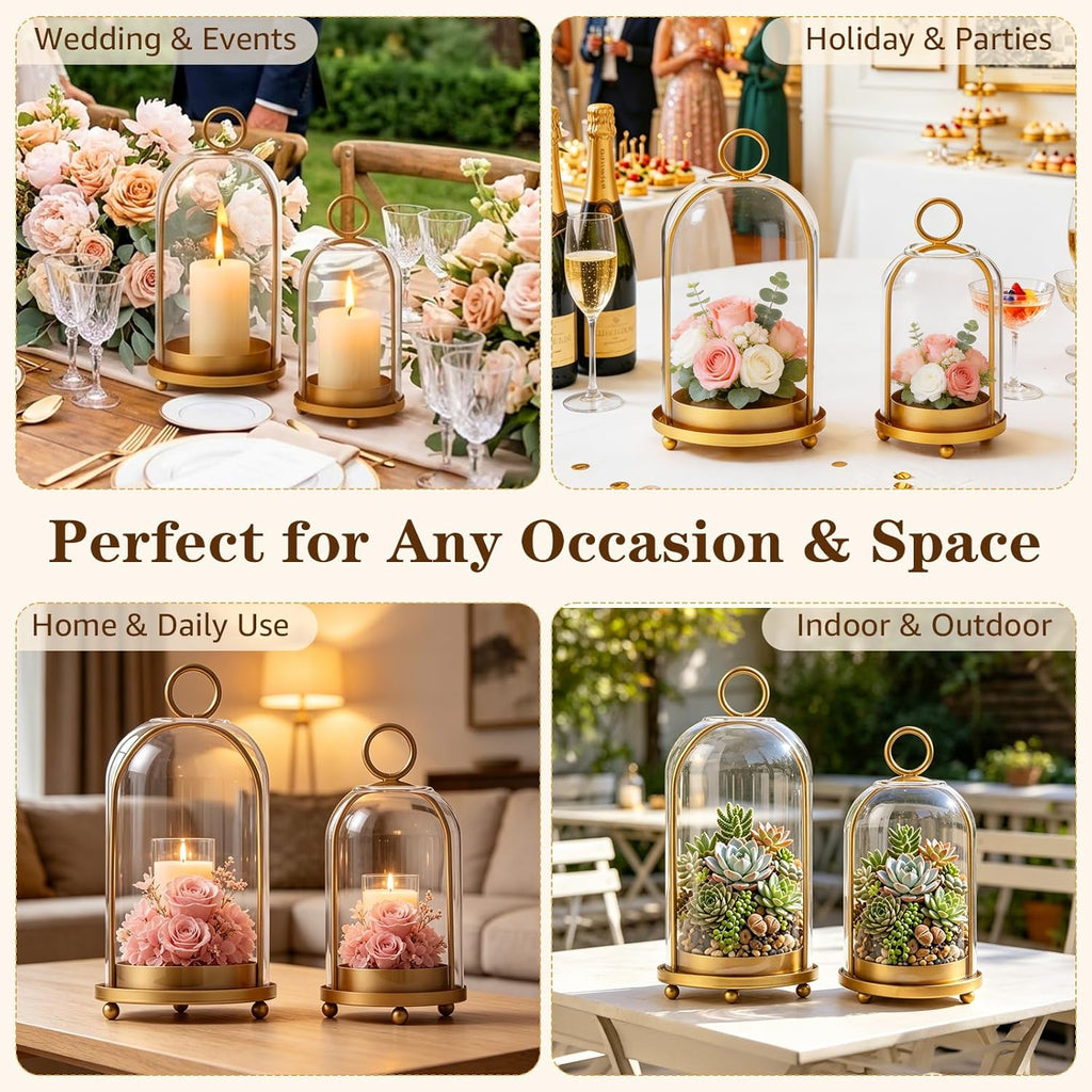 Hurricane Glass Candle Holders Set of 2 with Brass Base (9.8" & 8.1") | Cloche Glass Dome,Vintage Brass