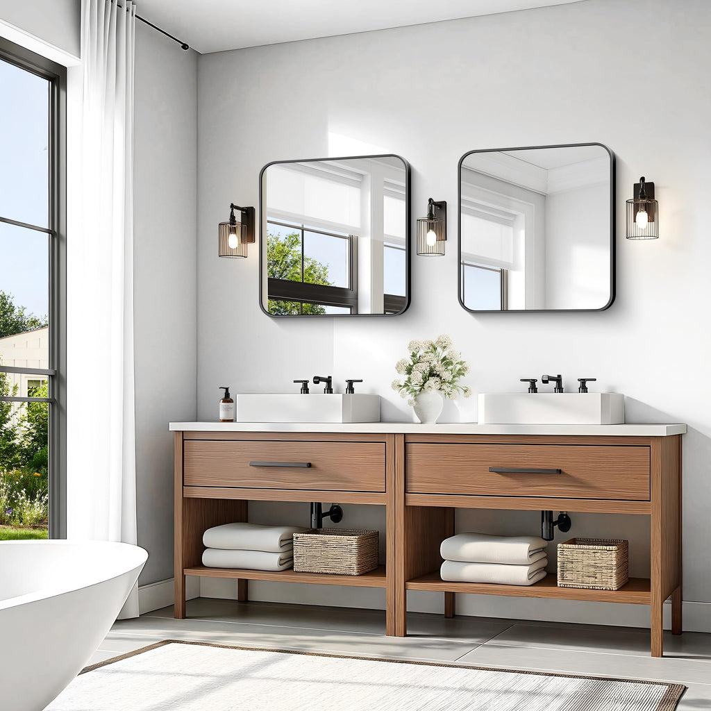Square Bathroom Mirror, 24"x24" Black Rectangle Vanity Mirror, Black Metal Frame Mirror with Rounded Corner