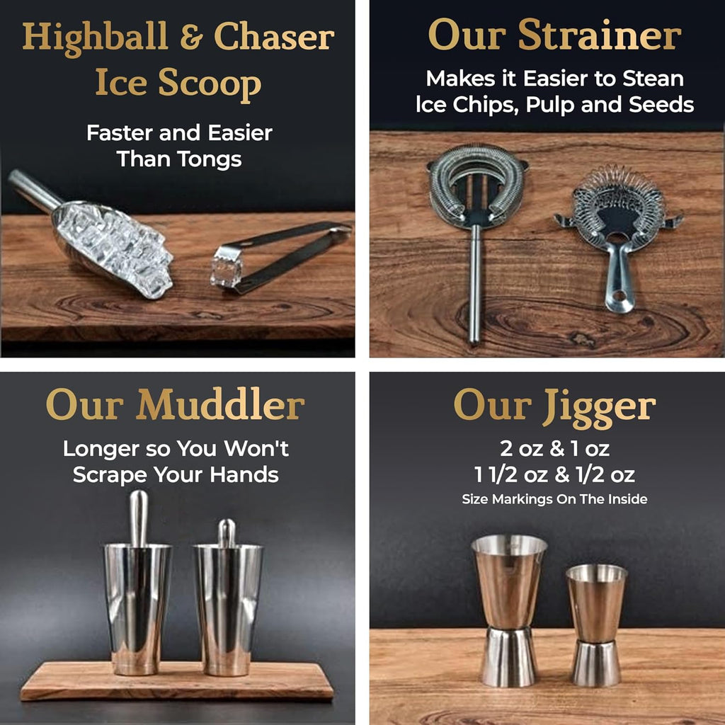 13-Piece Boston Cocktail Shaker Set Stainless Steel Mixology Bartender Kit With Stand Bar Cocktail Set | Laser