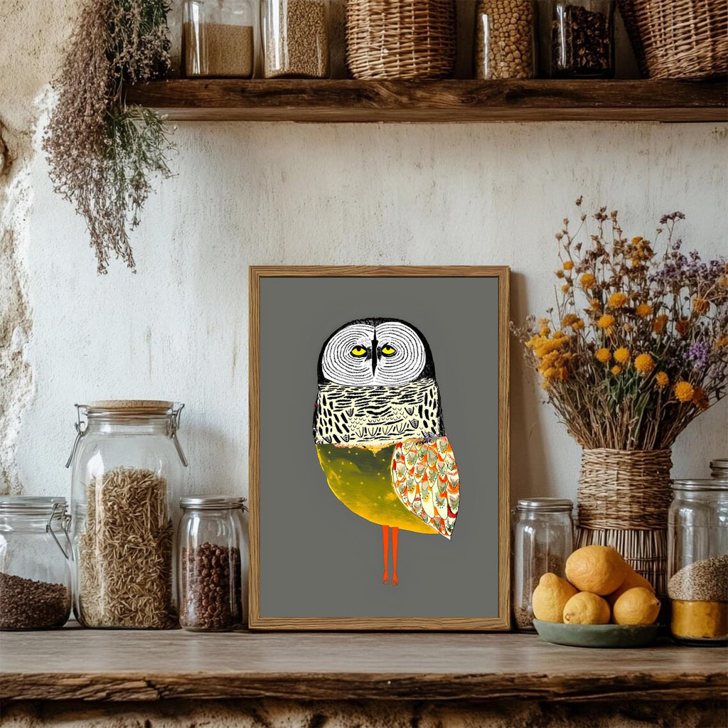 Funny Owl Wall Art, Whimsical Bird Wall Decor Painting Cute Animal Poster Canvas Print Picture for Farmhouse Living