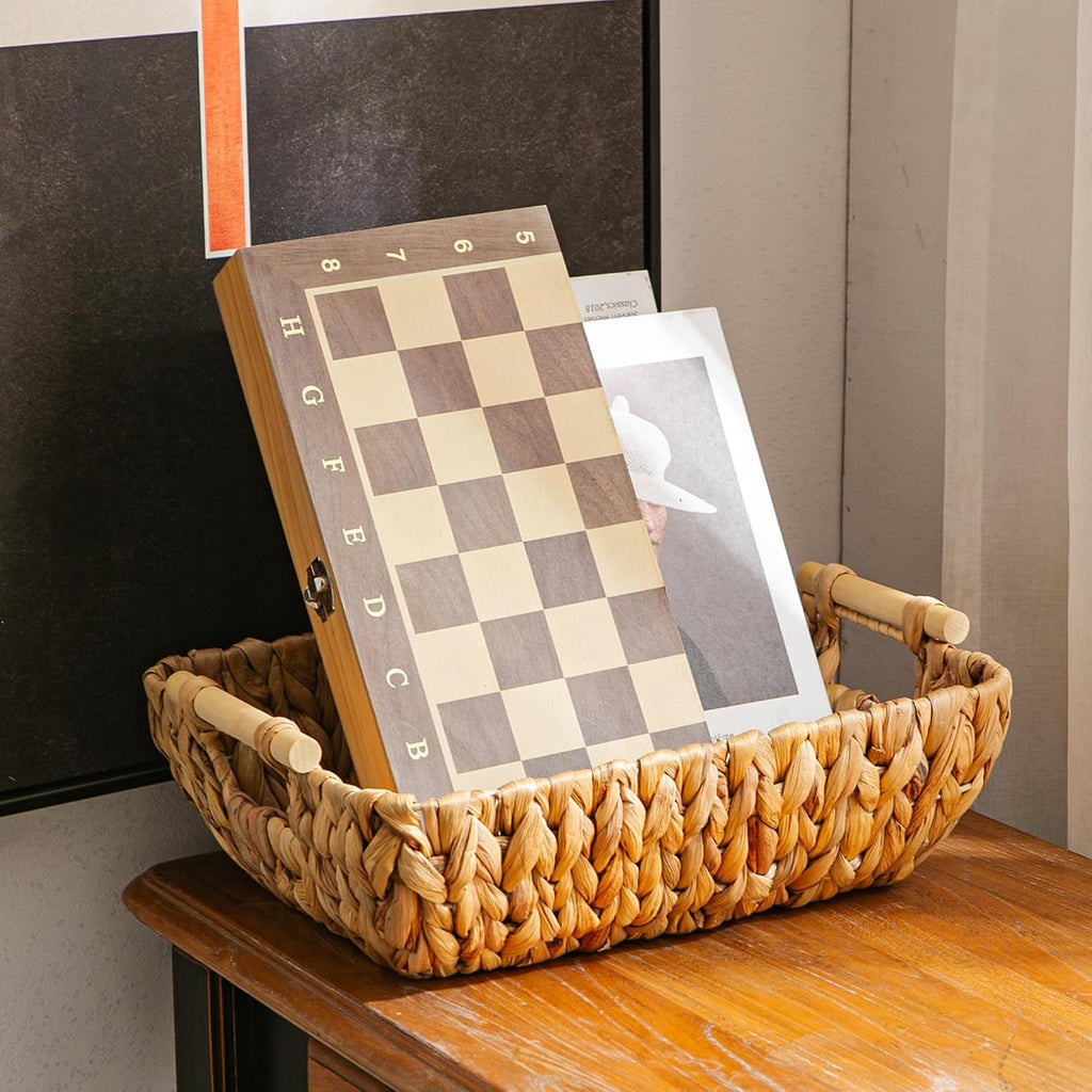 Woven Storage Baskets - Set of 3 Handwoven Water Hyacinth Wicker Baskets with Wooden Handles for Organizing