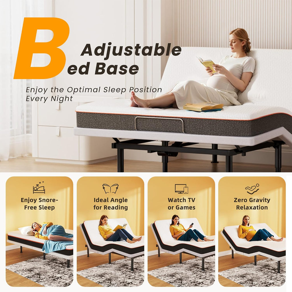 Queen Adjustable Bed Frame with Massage, Wireless Remote, Head Foot Incline, USB, Underbed Light - Heavy Duty